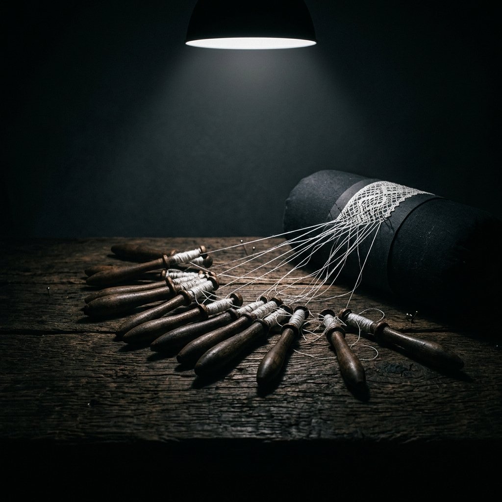 Klöppel im Halbkreis unter einer Lampe auf dunklem Holz