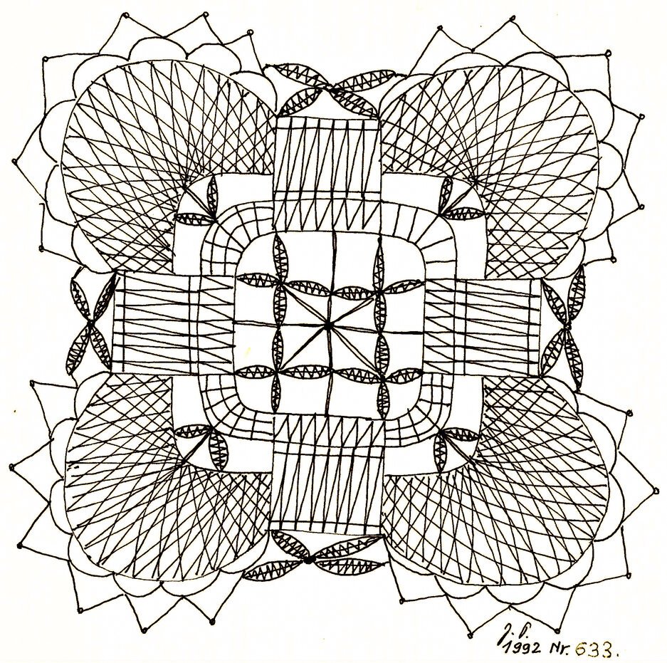 0633 Quadratische Spitze mit 4 Rundecken Bobbin lace pattern “Square Lace with 4 Rounded Corners”