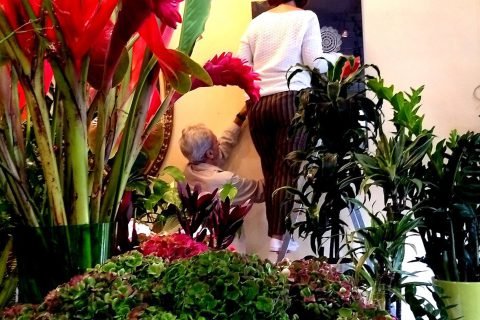 Ausstellungsaufbau zwischen Grünpflanzen, eine Frau hängt ein Bild auf
