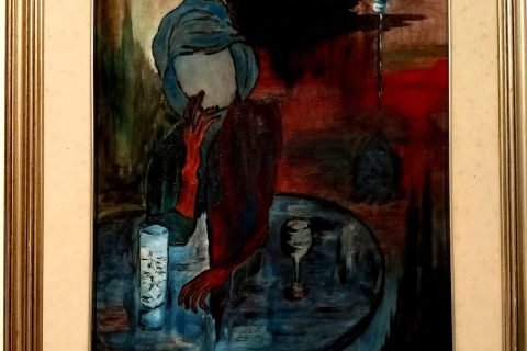 Gerahmtes Gemälde einer Gestalt an einem Tisch
