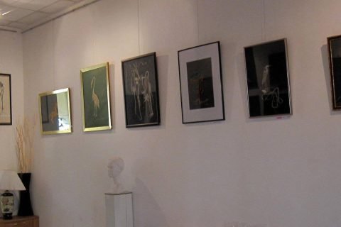 Galeriewand mit einer Reihe gerahmter Arbeiten